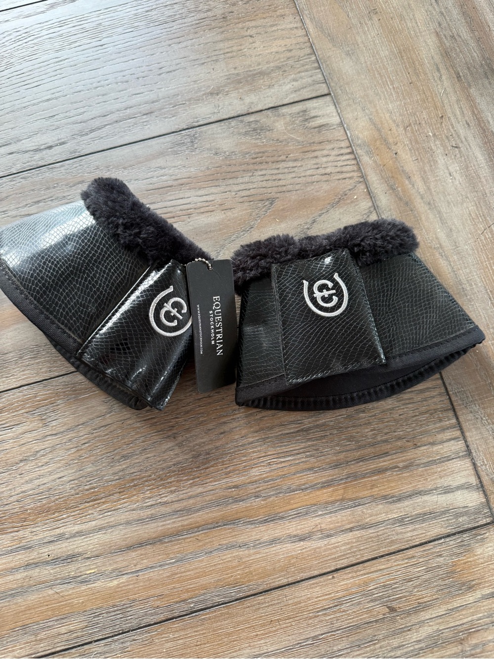 Equestrian Stockholm Black Faux Leather Sheepskin Bell Boots (Pair)